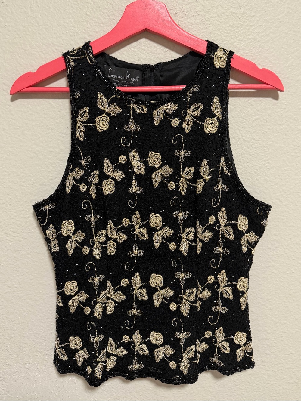 Laurence Kazar Vintage Black Silk Beaded Floral Embroidered Tank Top Size L